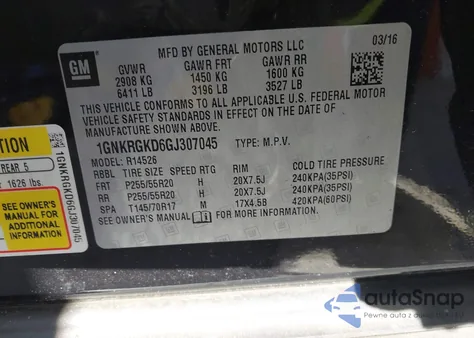 2016 Chevrolet Traverse 1Lt z USA, uszkodzony, nr VIN 1GNKRGKD6GJ307045